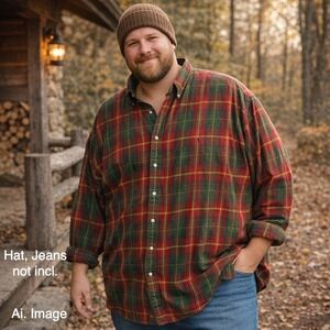 Ralph Lauren Men 4X Big Plaid Flannel Shirt Red Green Tartan Cotton Heritage